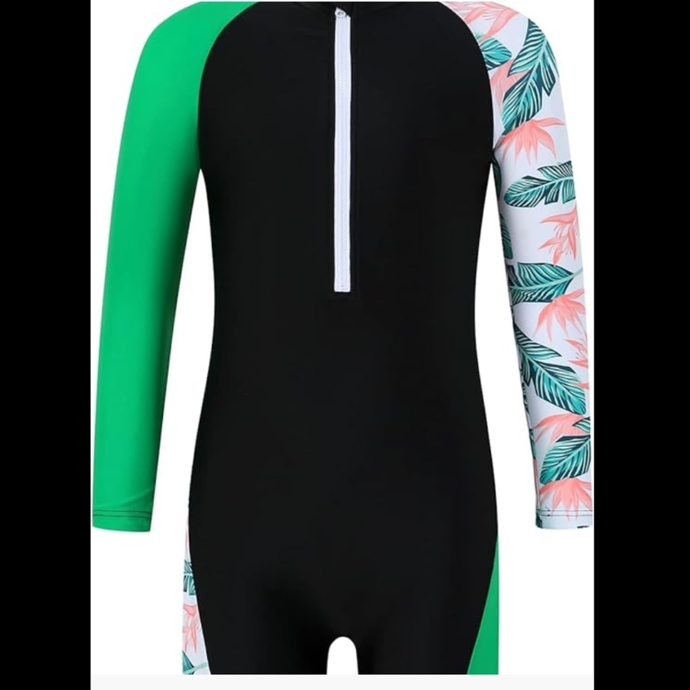 Little girl, long sleeve, green, black and floral with zipper front swimsuit. 9